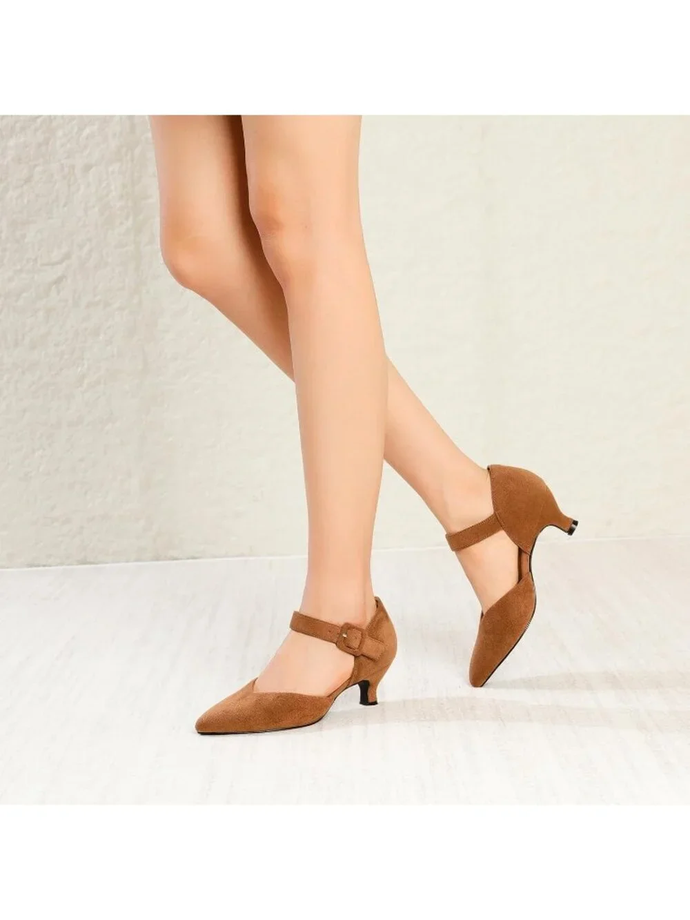 Womens Caramel Brown Kitten Heel Pointed Closed Ankle Strap Buckle Slip On Shoes